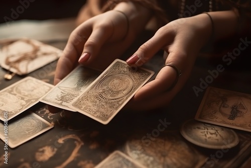 closeup of a woman's hands reading tarot cards at a table a mystical environment, generative ai