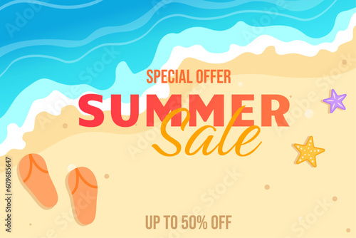 Summer sale banner vector illustration. top view of summer beach waves background