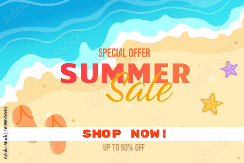 Summer sale banner vector illustration. top view of summer beach waves background