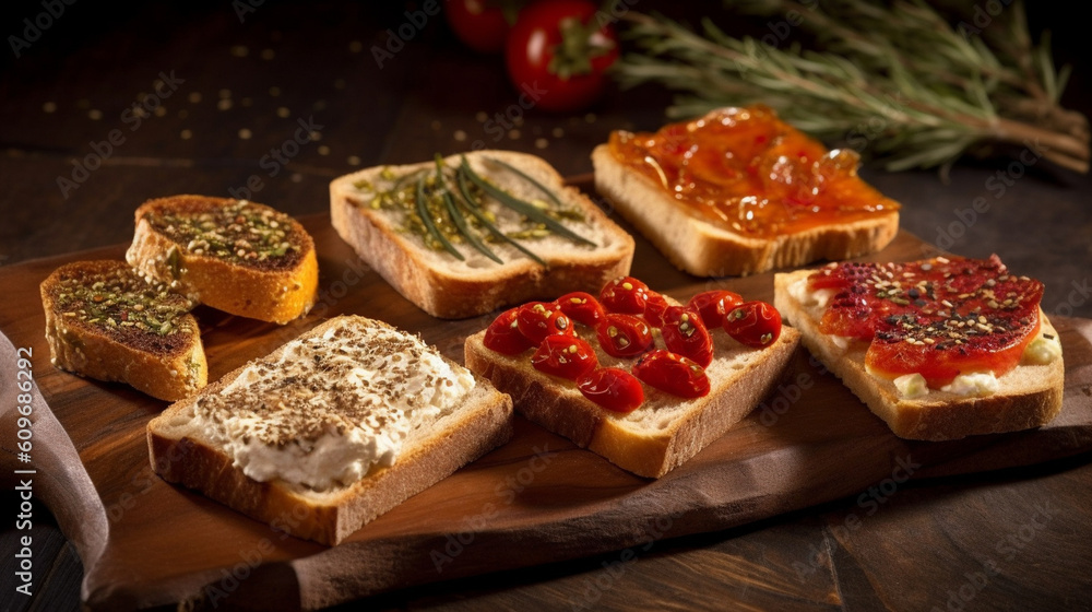 A selection of artisanal bread slices, each adorned with unique toppings like sesame seeds, sun-dried tomatoes, and rosemary Generative AI A selection of artisanal bread slices, each adorned with unique toppings like sesame seeds, sun-dried tomatoes, and rosemary Generative AI