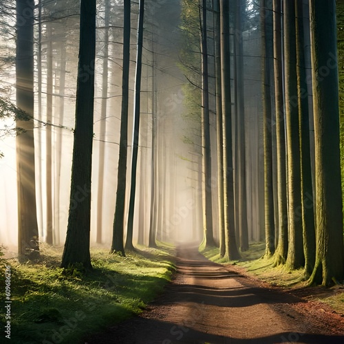 A serene, misty forest with rays of sunlight filtering through the trees.