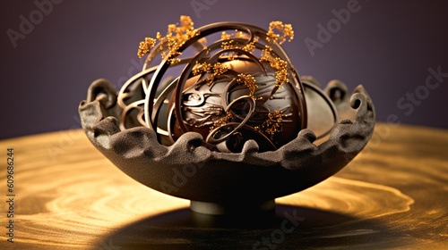 An intricately designed chocolate dessert, adorned with delicate chocolate curls and edible gold leaf Generative AI