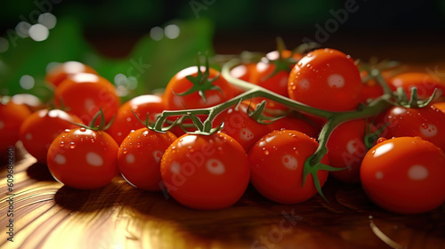 A branch of cherry tomatoes lies on a white background. Generative Ai