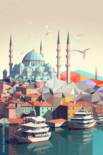 Ai generated illustration modern art poster low poly of turkey cityscrapper photo