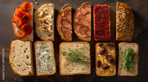 A selection of artisanal bread slices, each adorned with unique toppings like sesame seeds, sun-dried tomatoes, and rosemary Generative AI