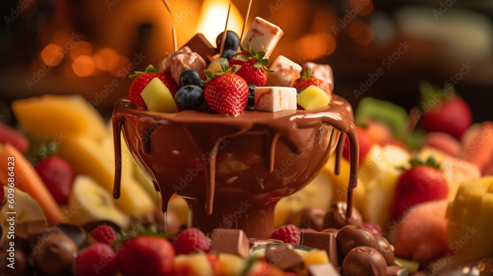 A close-up shot of a dripping chocolate fondue fountain, with luscious fruits and marshmallows skewered for dipping Generative AI