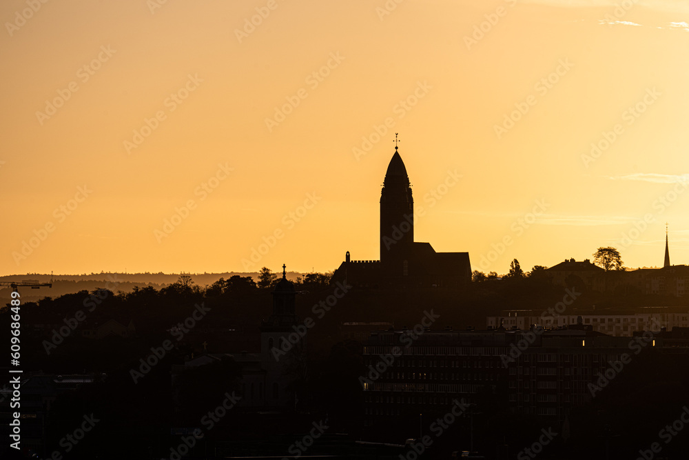 Gothenburg, Sweden - september 14 2022: Silhouette of Masthuggskyrkan at sunrise.