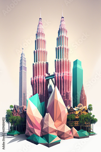Ai generated illustration modern art poster low poly of kuala lumpur malaysia cityscrapper photo