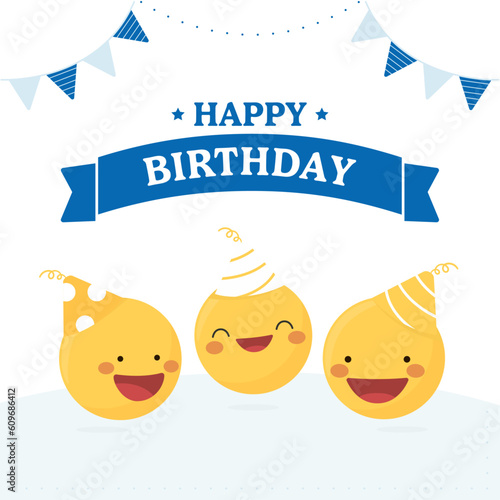 Photography Happy Birthday greetings card vector, with a group of yellow face emoticons
