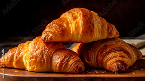 A stack of freshly baked croissants, showcasing their golden-brown flaky layers and buttery aroma Generative AI