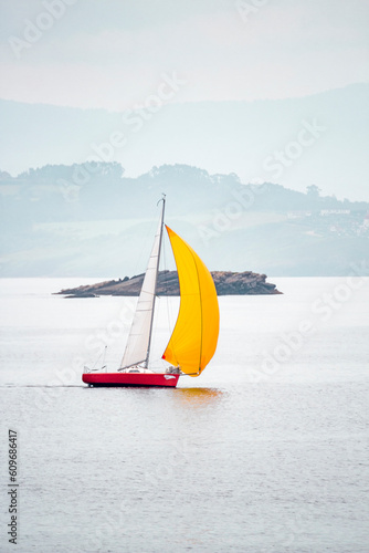 Small sailboat with red hull, sailing the sea with a large yellow sail unfurled, standing out with its colors on the horizon, vertical shot, concepts.