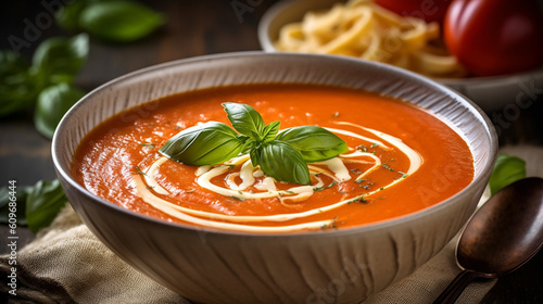 A close-up of a bowl of creamy tomato soup, garnished with a swirl of cream and fresh basil leaves Generative AI photo