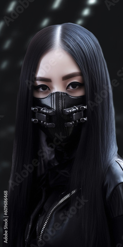 Asiatische Frau Gesicht mit eleganter Gothik Mundmaske Nahaufnahme, ai generativ