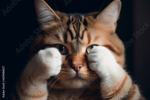 a cat covering its face with its hands