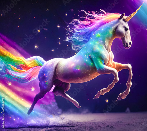 Beautiful and powerful fantasy rainbow unicorn. Generative AI