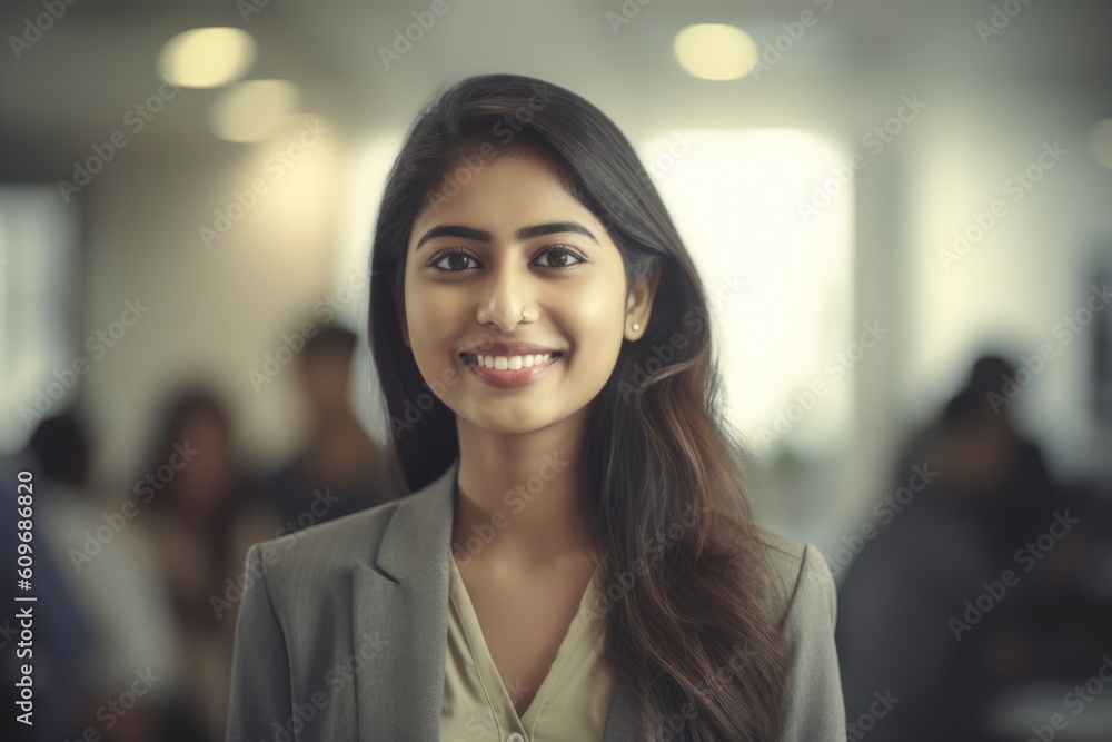 Young smart indian businesswoman, smiling face, standing in blur ...