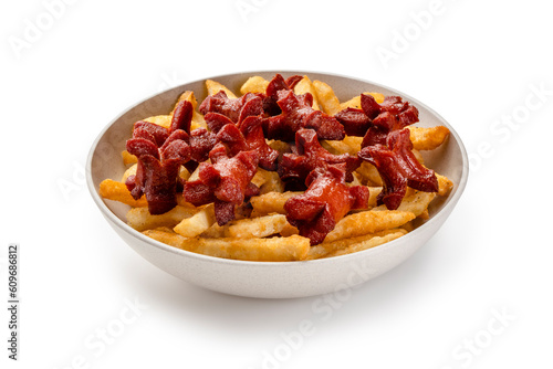 Bowl of Salchipapas., french fries and hot dogs