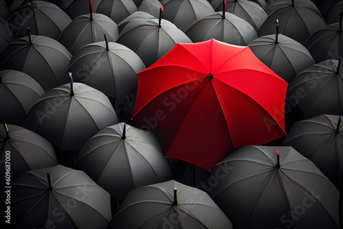 Red umbrella in a crowd of black one. Individuality concept. Generative ai
