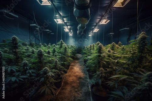View of a marijuana plantation in a greenhouse