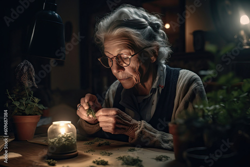 Portrait of an older woman preparing a marijuana cigarette for recreational use.