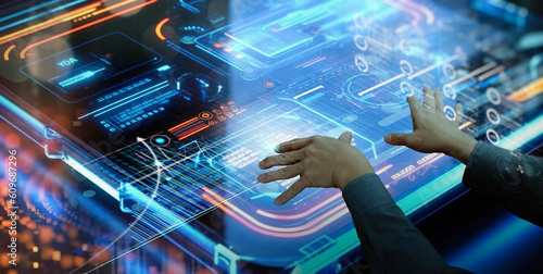 An analyst uses a computer and dashboard for data business analysis and Data Management System with KPI and metrics connected to the database for technology finance.