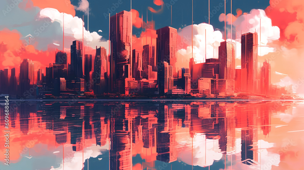 An artistic painting of a city with red colored clouds and reflections on water. Generative AI