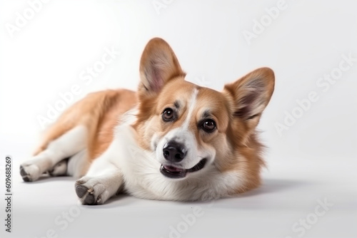 a dog is lying down on a white background