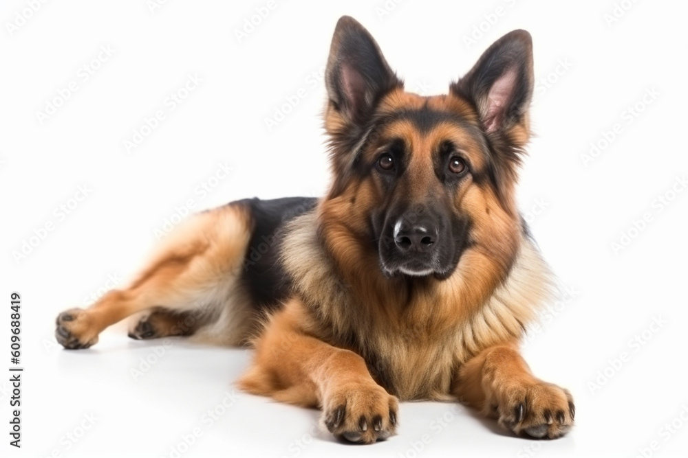 a dog is lying down on a white background