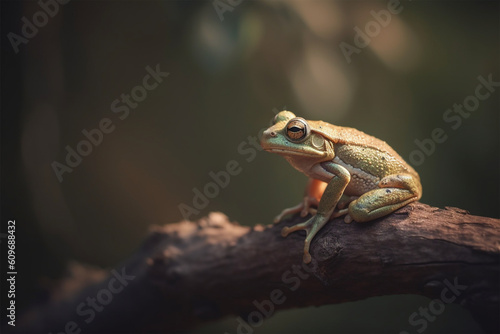 a green frog on a tree branch