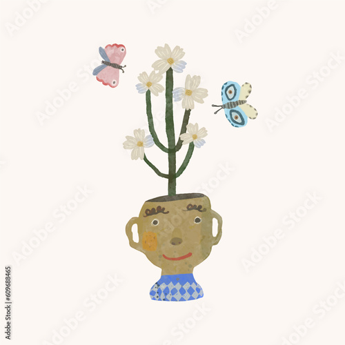 Flowers in kid heads. watercolor painting vector illustration. boy and nature. conceptual artwork of dream,hope, mind, education