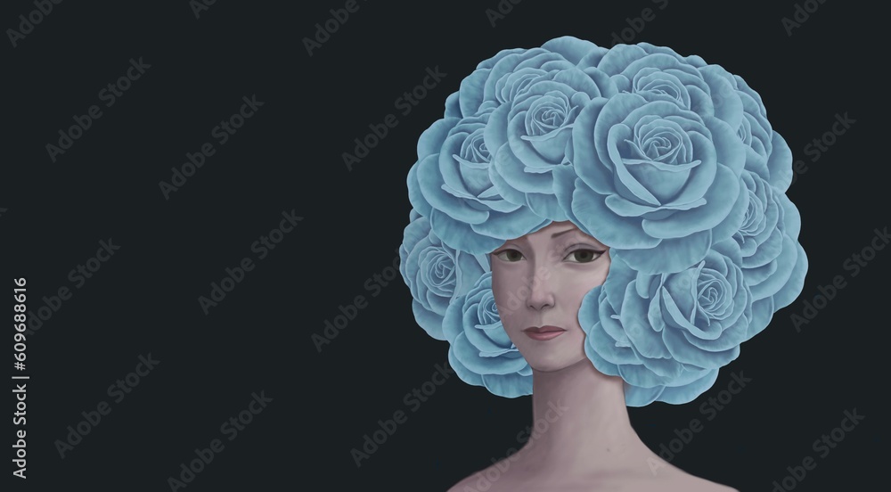 Woman with rose head painting. surreal illustration.