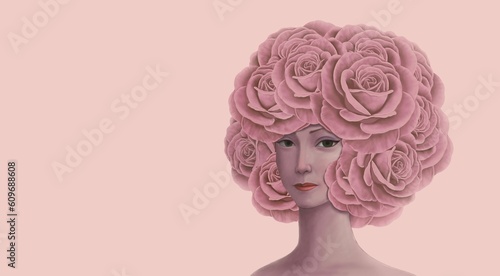 Woman with rose head painting. surreal illustration.
