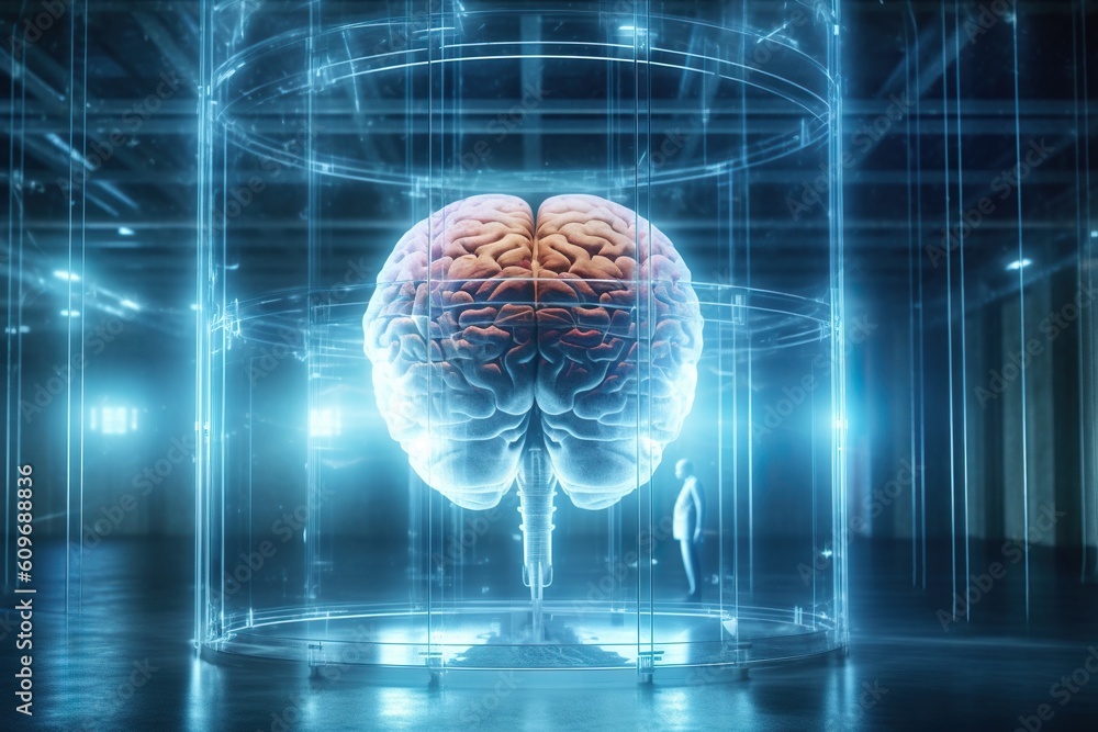 People looking at giant human brain as a supercomputer server in futuristic data center. Generative AI People looking at giant human brain as a supercomputer server in futuristic data center. Generative AI