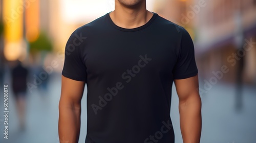 Young Model Shirt Mockup, Boy wearing black t-shirt on street in daylight, Shirt Mockup Template on hipster adult for design print, Male guy wearing casual t-shirt mockup placement, generative ai