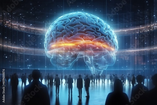 People looking at giant human brain as a supercomputer server in futuristic data center. Generative AI photo