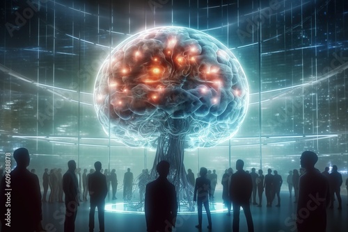 People looking at giant human brain as a supercomputer server with neural network technology in futuristic data center. Generative AI