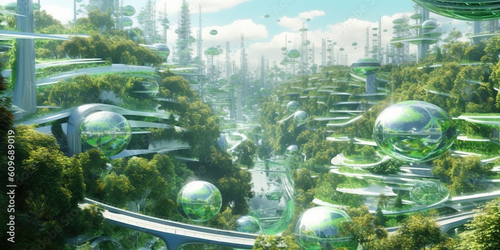 Banner of futuristic sustainable green city, concept of city of the future based on green energy and eco industry. Generative AI