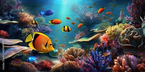 Tropical paradise, vibrant underwater landscape of colorful fish, coral reef in the caribbean, ideal for scuba and snorkel explorations. Generative AI