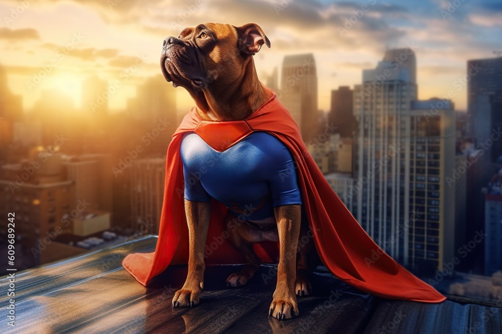 Photo &amp; Art Print Portrait of superhero dog wearing red cape 