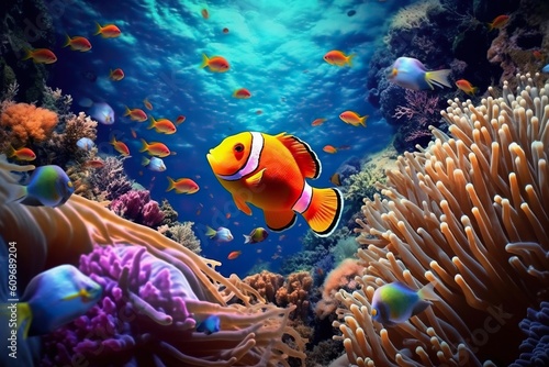 Close-up of a clownfish in vibrant coral reef, exotic underwater panorama of marine life in the ocean. Generative AI