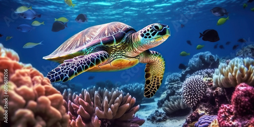 Tropical exploration, sea turtle in colorful coral reef underwater, vibrant marine life panorama. Generative AI