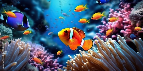 Close-up of a clownfish in vibrant coral reef, exotic underwater panorama of marine life in the ocean. Generative AI