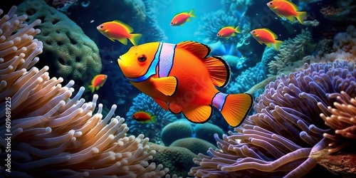 Close-up of a clownfish in vibrant coral reef, exotic underwater panorama of marine life in the ocean. Generative AI