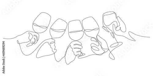 wine clinking celebratory toast concept hands holding and wine glasses in one line drawing