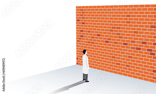 壁の前に立つ男性医師のイラスト、困難のコンセプトイラスト、ベクター