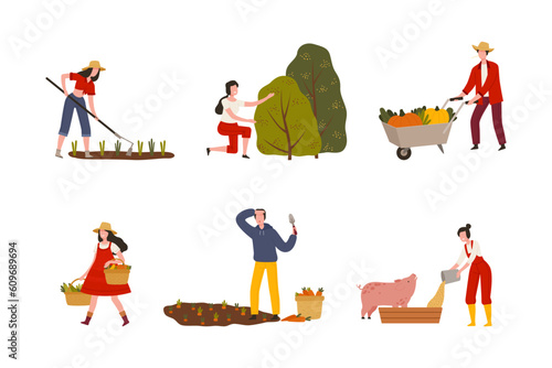 Man and Woman Farmer Doing Agricultural Work and Husbandry Vector Illustration Set