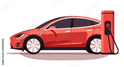 Red and modern electric car charging at a charging station isolate on white background, vector image.