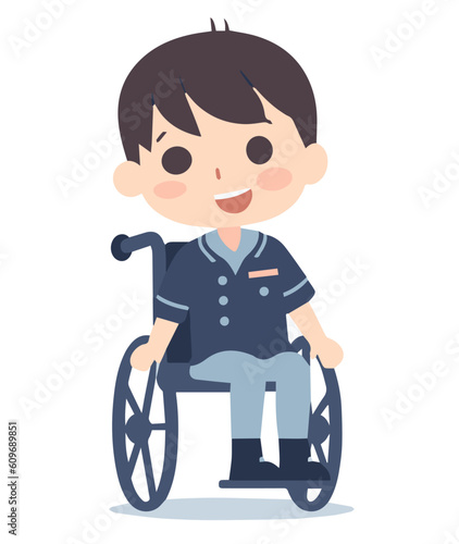 Happy disabled child in wheelchair dressed in uniform school smiling and looking at camera isolate on white background.