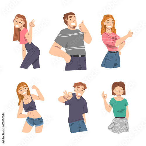 Elated Male and Female Showing Positive Gesture Vector Set