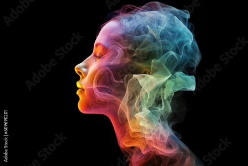 double exposure portrait of a beautiful woman with multicolored flow, ai generated image